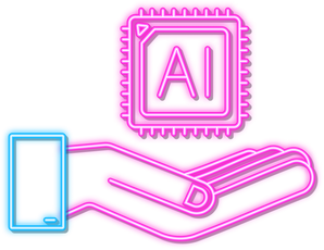 Artificial Intelligence landing page. Ai neon icon with hand